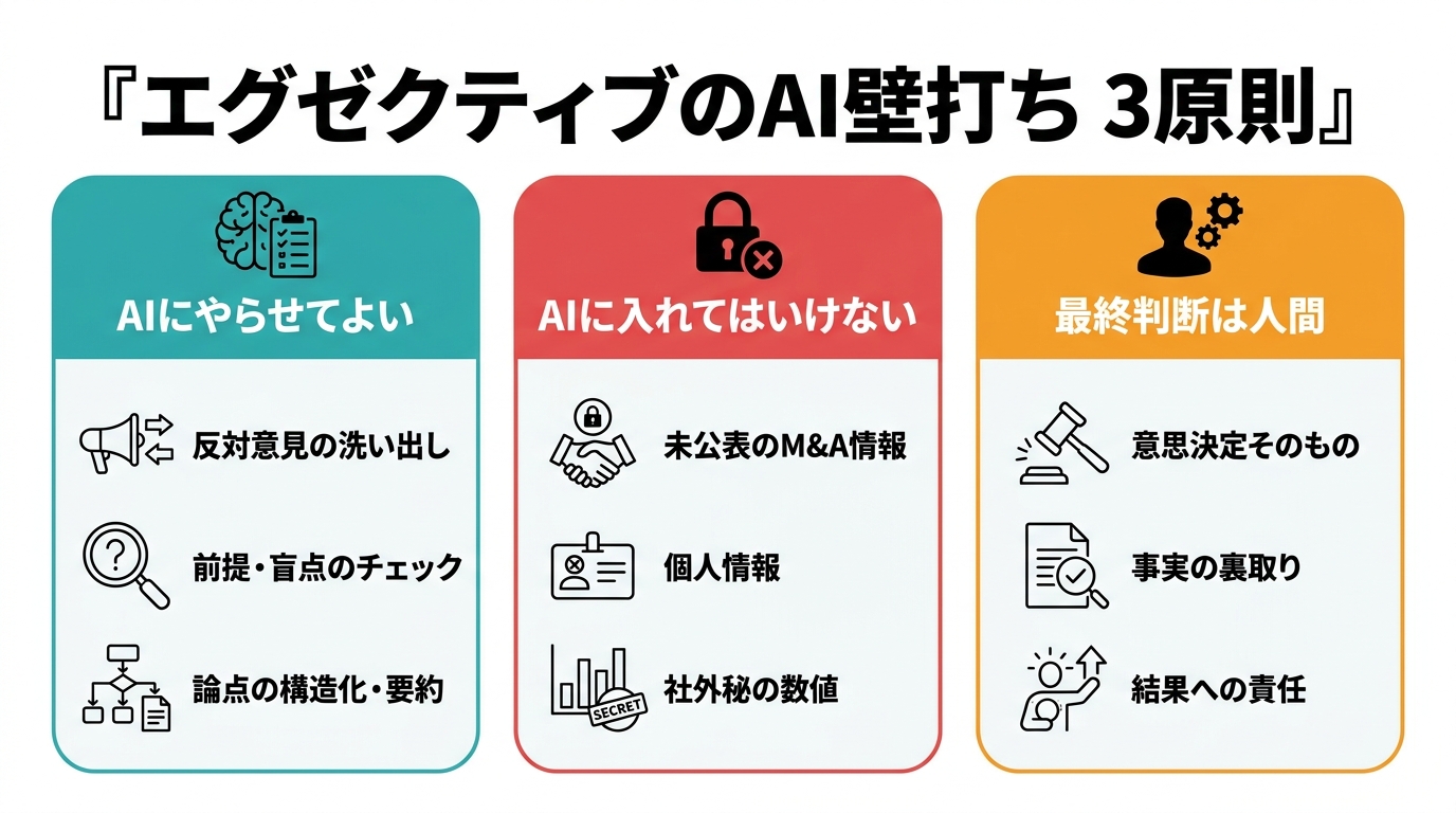 エグゼクティブが意思決定の壁打ち相手としてAIを使うときの3原則を示す図解。AIにやらせてよいこと、AIに入れてはいけないこと、最終判断は人間、の3列構成。