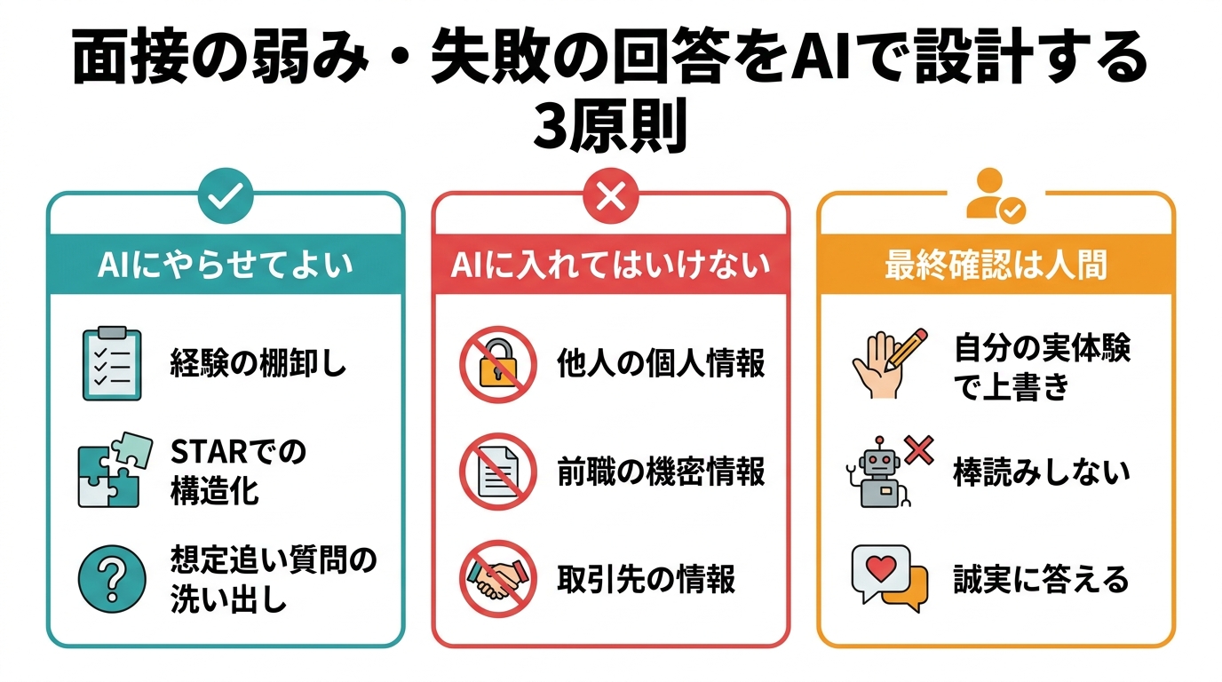 役員面接の弱み・失敗の回答をAIで設計するときの3原則を示す図解。AIにやらせてよいこと、AIに入れてはいけないこと、最終確認は人間、の3列構成。