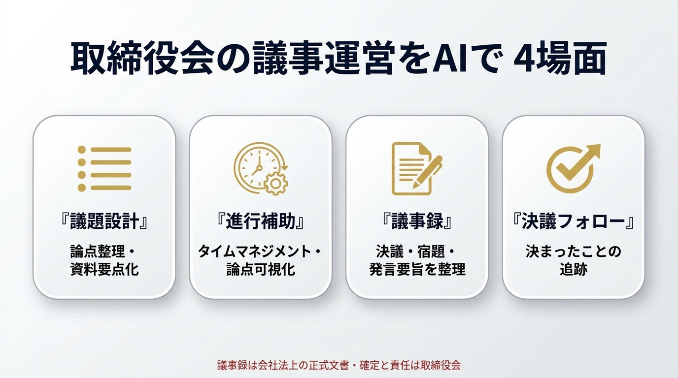 取締役会の議事運営をAIで進める4場面。①議題設計（論点整理・資料要点化）②進行補助（タイムマネジメント・論点可視化）③議事録（決議・宿題・発言要旨を整理）④決議フォロー（決まったことの追跡）。議事録は会社法上の正式文書で、確定と責任は取締役会が負う。