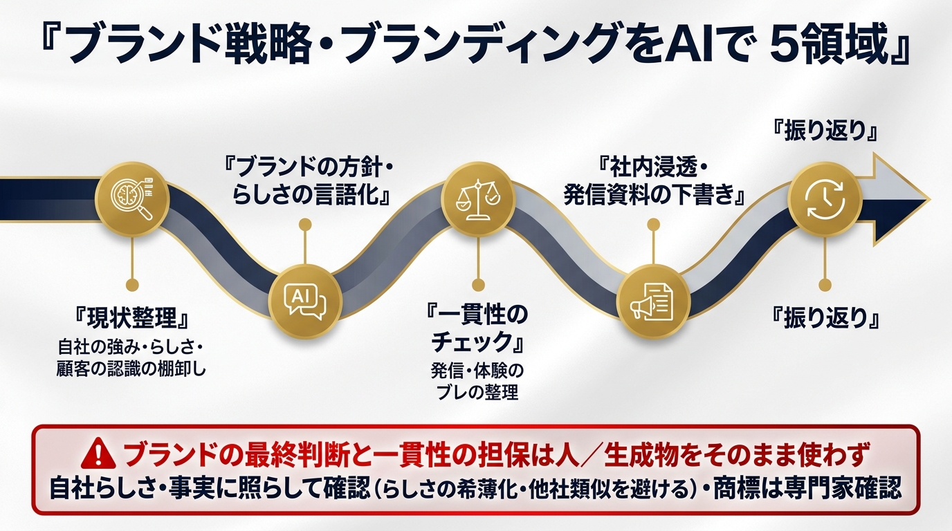ブランド戦略・ブランディングをAIで進める5領域。①現状整理（自社の強み・らしさ・顧客の認識の棚卸し）②ブランドの方針・らしさの言語化 ③一貫性のチェック（発信・体験のブレの整理）④社内浸透・発信資料の下書き ⑤振り返り。ブランドの最終判断と一貫性の担保は人、生成物をそのまま使わず自社らしさ・事実に照らして確認（らしさの希薄化・他社類似を避ける）・商標は専門家確認。