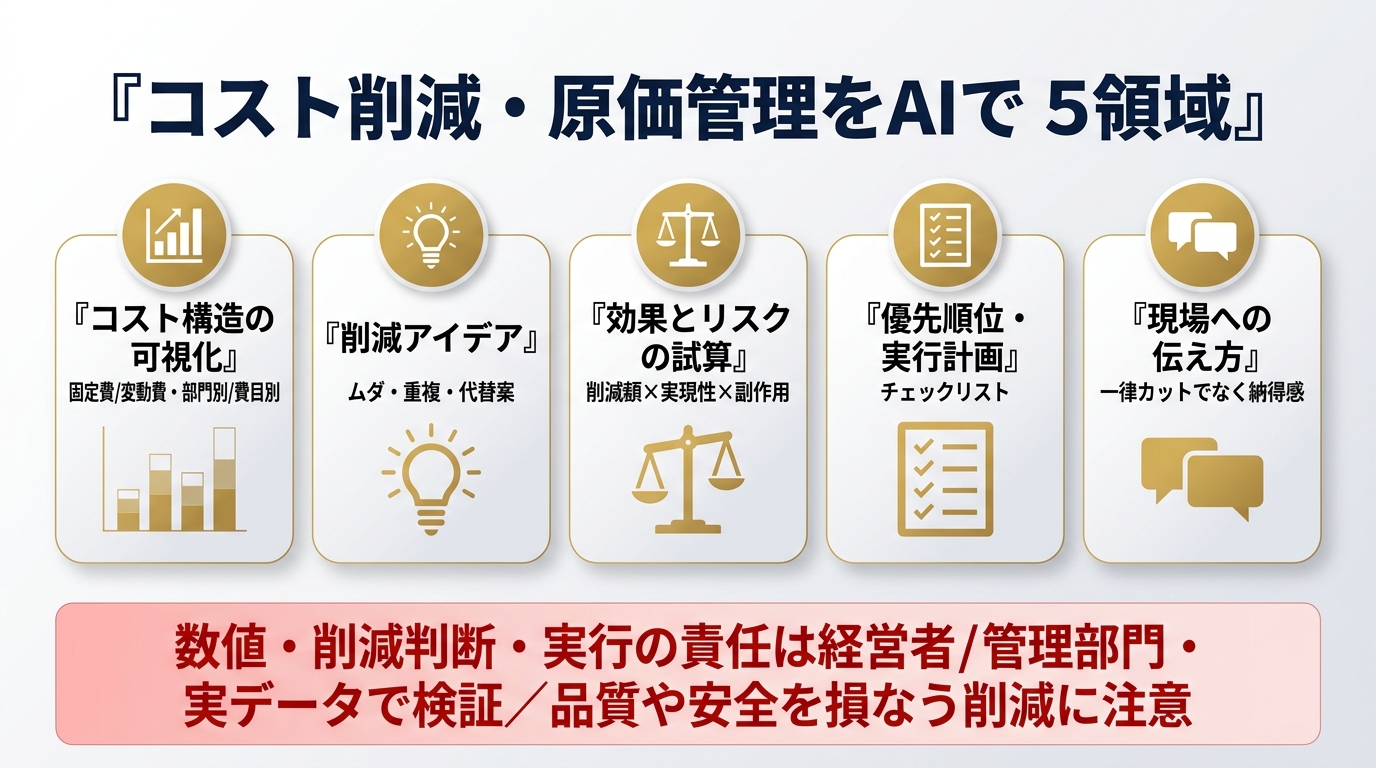 コスト削減・原価管理をAIで進める5領域。①コスト構造の可視化(固定費/変動費・部門別/費目別)②削減アイデア(ムダ・重複・代替案)③効果とリスクの試算(削減額×実現性×副作用)④優先順位・実行計画 ⑤現場への伝え方(一律カットでなく納得感)。数値・削減判断・実行の責任は経営者/管理部門・実データで検証、品質や安全を損なう削減に注意。