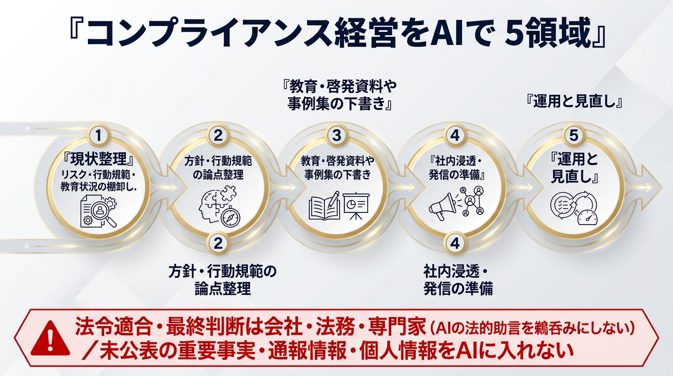 コンプライアンス経営をAIで支える5領域。①現状整理(リスク・行動規範・教育状況の棚卸し)②方針・行動規範の論点整理 ③教育・啓発資料や事例集の下書き ④社内浸透・発信の準備 ⑤運用と見直し。法令適合・最終判断は会社・法務・専門家(AIの法的助言を鵜呑みにしない)、未公表の重要事実・通報情報・個人情報をAIに入れない。