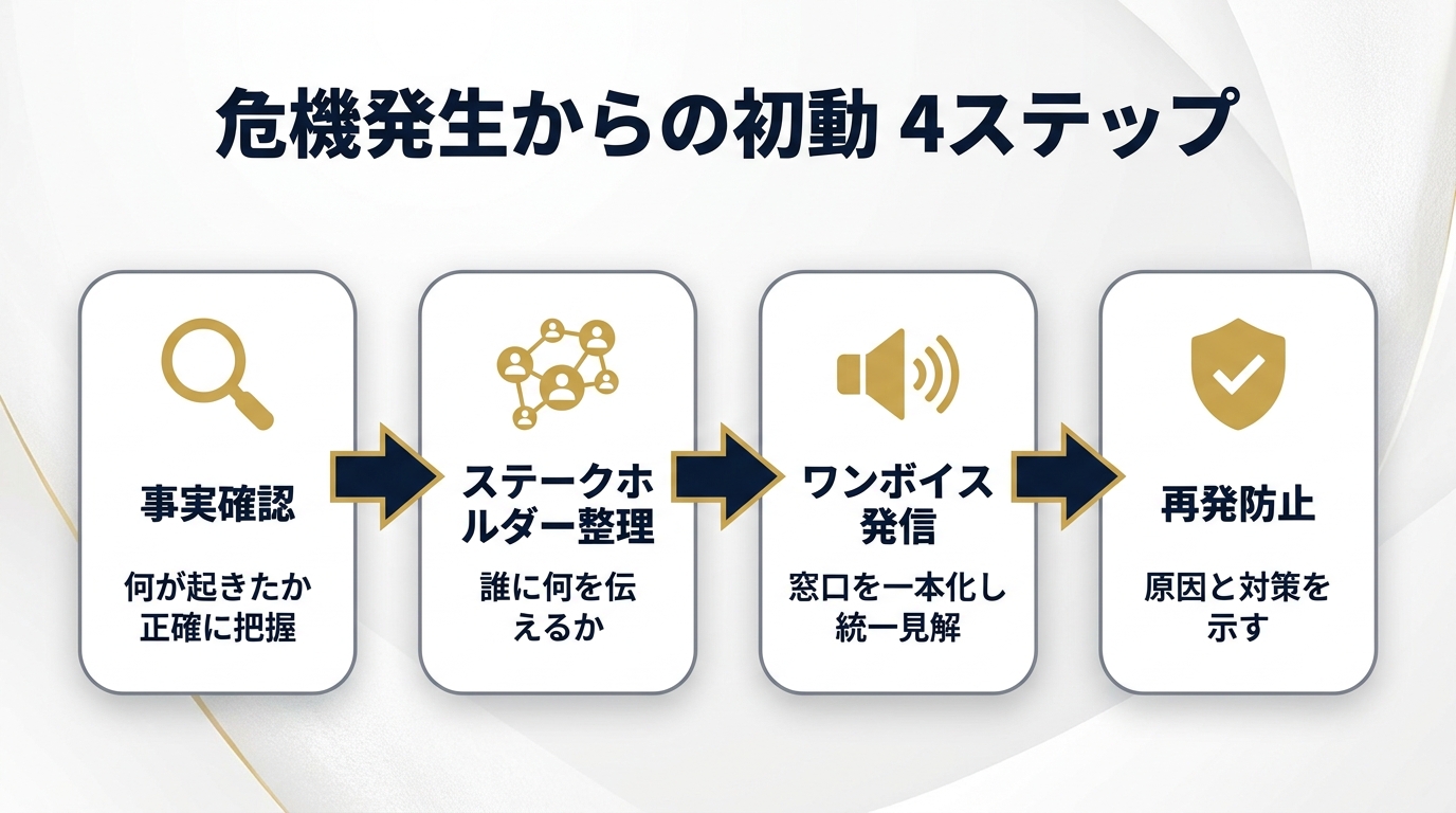 危機発生からの初動4ステップ(事実確認→ステークホルダー整理→ワンボイス発信→再発防止)。法的判断は専門家が前提。