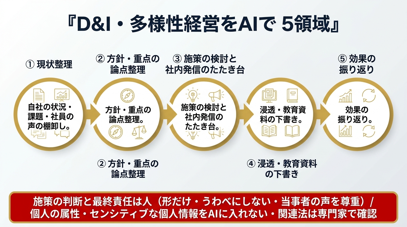 D&I・多様性経営をAIで支える5領域。①現状整理（自社の状況・課題・社員の声の棚卸し）②方針・重点の論点整理 ③施策の検討と社内発信のたたき台 ④浸透・教育資料の下書き ⑤効果の振り返り。施策の判断と最終責任は人（形だけ・うわべにしない・当事者の声を尊重）、個人の属性・センシティブな個人情報をAIに入れない、関連法は専門家で確認。