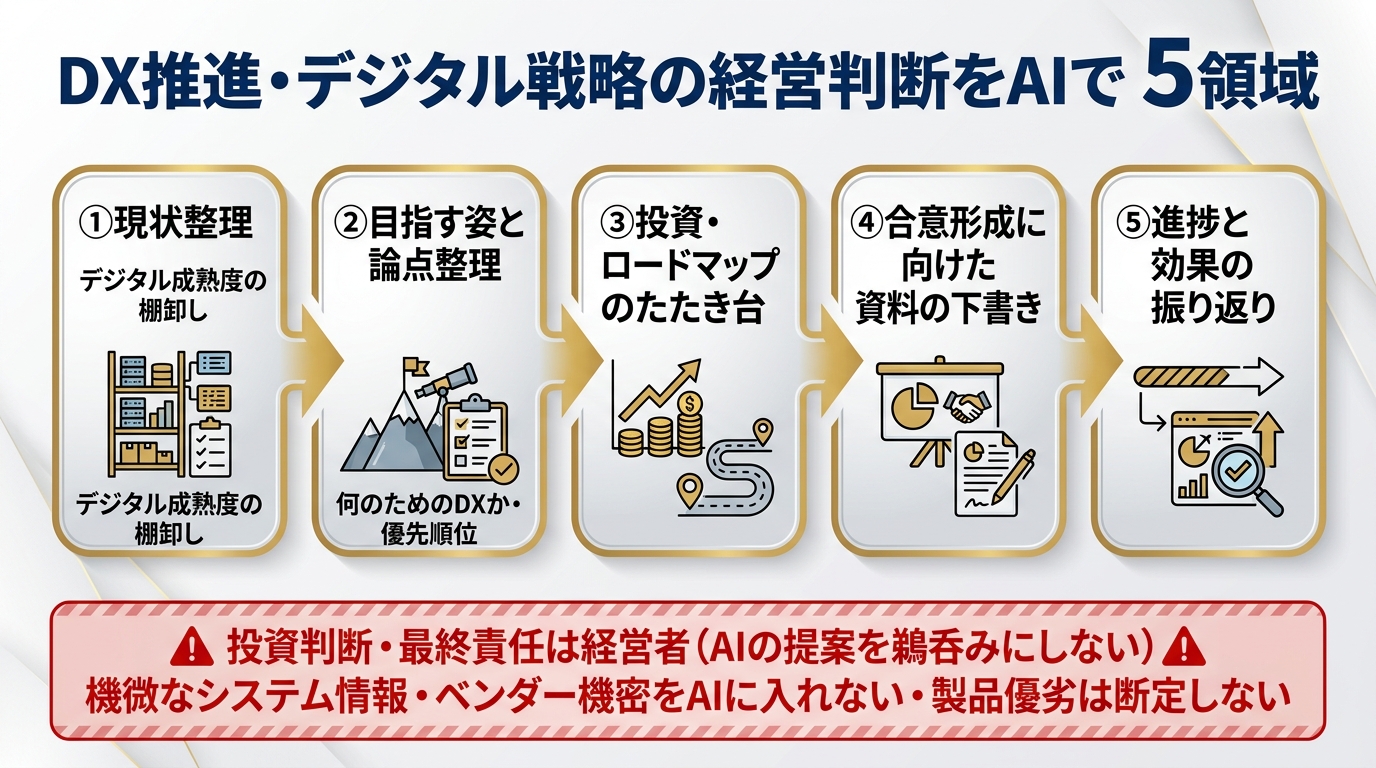 DX推進・デジタル戦略の経営判断をAIで支える5領域。①現状整理（デジタル成熟度の棚卸し）②目指す姿と論点整理（何のためのDXか・優先順位）③投資・ロードマップのたたき台 ④合意形成に向けた資料の下書き ⑤進捗と効果の振り返り。投資判断・最終責任は経営者、機微なシステム情報・ベンダー機密をAIに入れない。