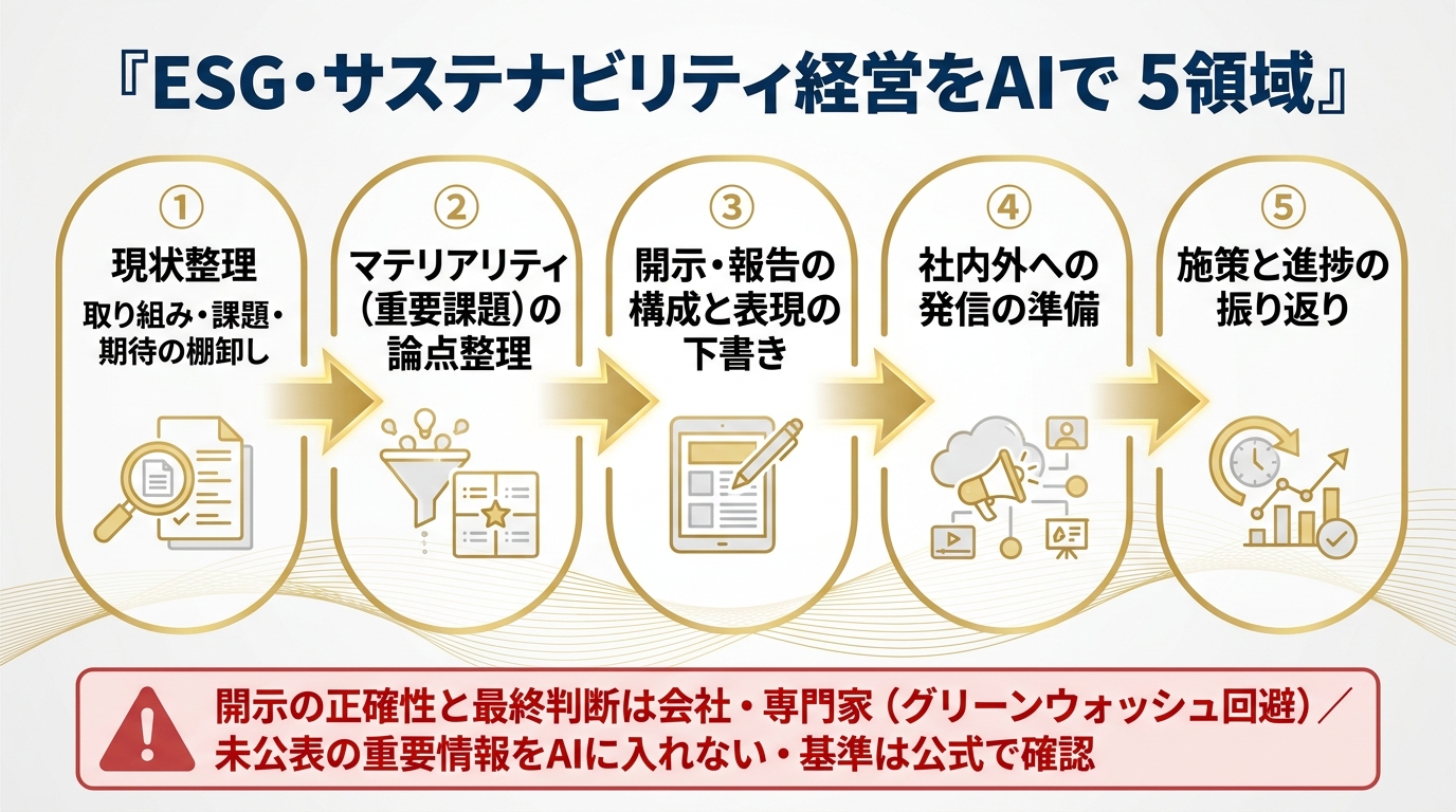 ESG・サステナビリティ経営をAIで支える5領域。①現状整理（取り組み・課題・期待の棚卸し）②マテリアリティ（重要課題）の論点整理 ③開示・報告の構成と表現の下書き ④社内外への発信の準備 ⑤施策と進捗の振り返り。開示の正確性と最終判断は会社・専門家（グリーンウォッシュ回避）、未公表の重要情報をAIに入れない。