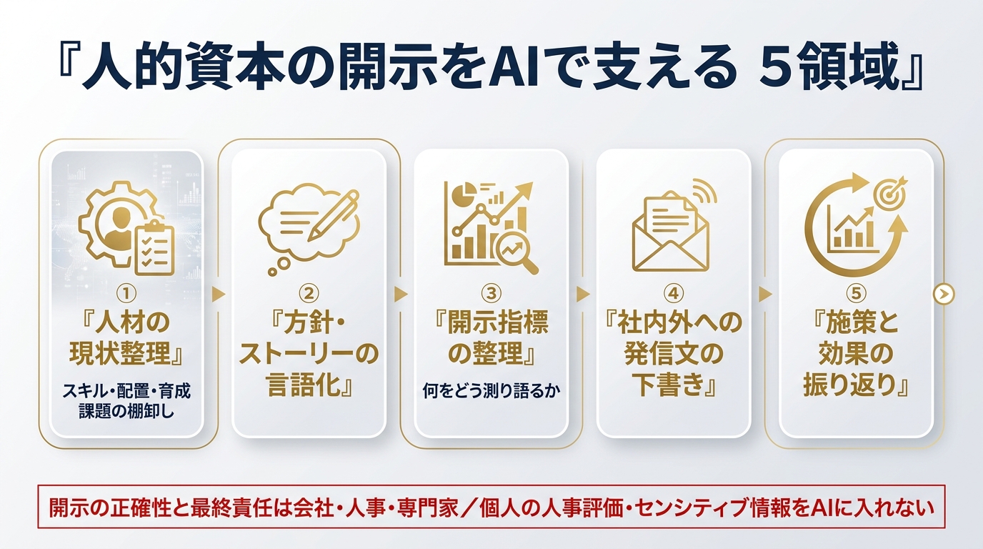 人的資本の開示をAIで支える5領域。①人材の現状整理（スキル・配置・育成課題の棚卸し）②方針・ストーリーの言語化 ③開示指標の整理（何をどう測り語るか）④社内外への発信文の下書き ⑤施策と効果の振り返り。開示の正確性と最終責任は会社・人事・専門家、個人の人事評価・センシティブ情報をAIに入れない。