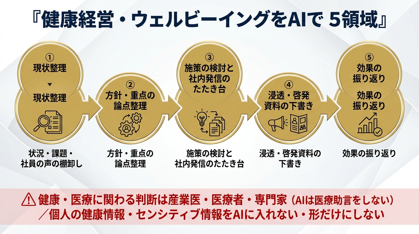健康経営・ウェルビーイングをAIで支える5領域。①現状整理(状況・課題・社員の声の棚卸し)②方針・重点の論点整理 ③施策の検討と社内発信のたたき台 ④浸透・啓発資料の下書き ⑤効果の振り返り。健康・医療に関わる判断は産業医・医療者・専門家(AIは医療助言をしない)、個人の健康情報・センシティブ情報をAIに入れない・形だけにしない。