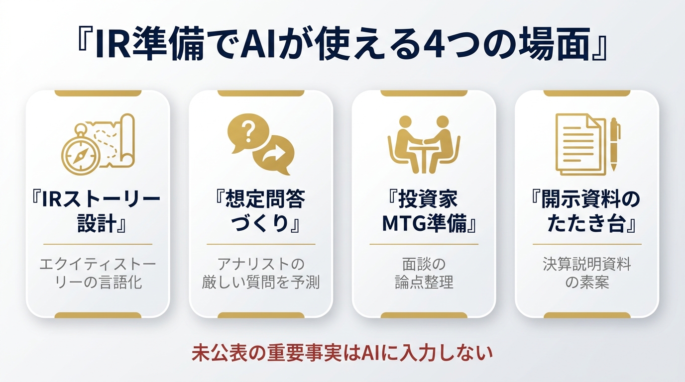 IR・投資家対応の準備でAIが使える4つの場面（IRストーリー設計／想定問答づくり／投資家MTG準備／開示資料のたたき台）。未公表の重要事実はAIに入力しない。