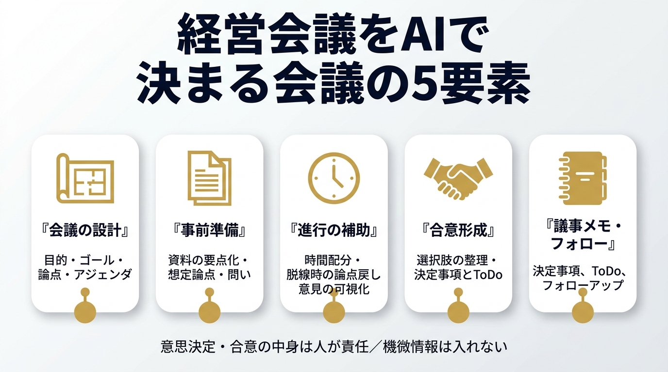 経営会議をAIで進める5要素（決まる会議）。①会議の設計（目的・ゴール・論点・アジェンダ）②事前準備（資料の要点化・想定論点・問い）③進行の補助（時間配分・脱線時の論点戻し・意見の可視化）④合意形成（選択肢の整理・決定事項とToDo）⑤議事メモ・フォロー。意思決定・合意の中身は人が責任、機微情報は入れない。