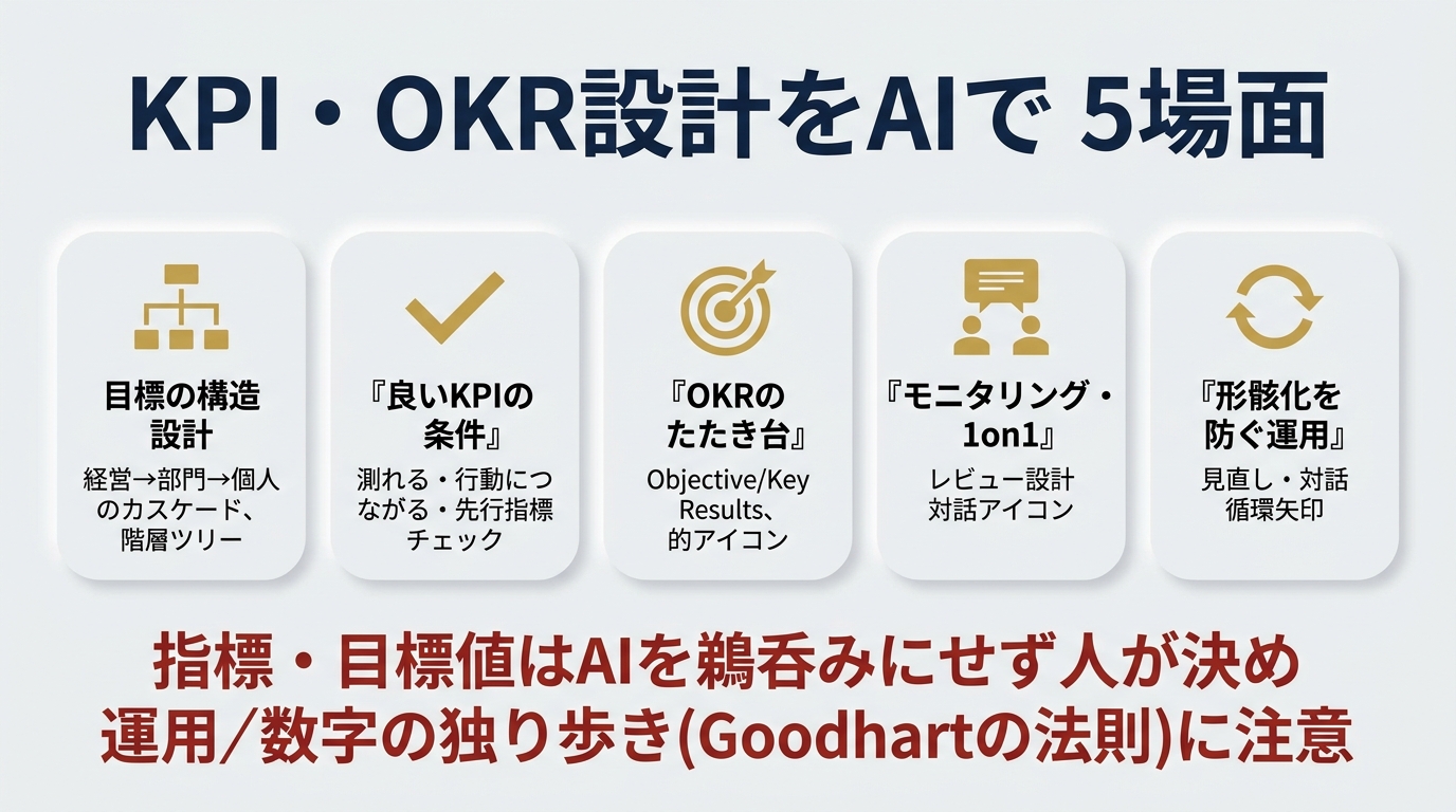 KPI・OKR設計をAIで進める5場面。①目標の構造設計（経営→部門→個人のカスケード）②良いKPIの条件（測れる・行動につながる・先行指標）③OKRのたたき台（Objective/Key Results）④モニタリング・1on1（レビュー設計）⑤形骸化を防ぐ運用（見直し・対話）。指標・目標値はAIを鵜呑みにせず人が決め運用、数字の独り歩き（Goodhartの法則）に注意。