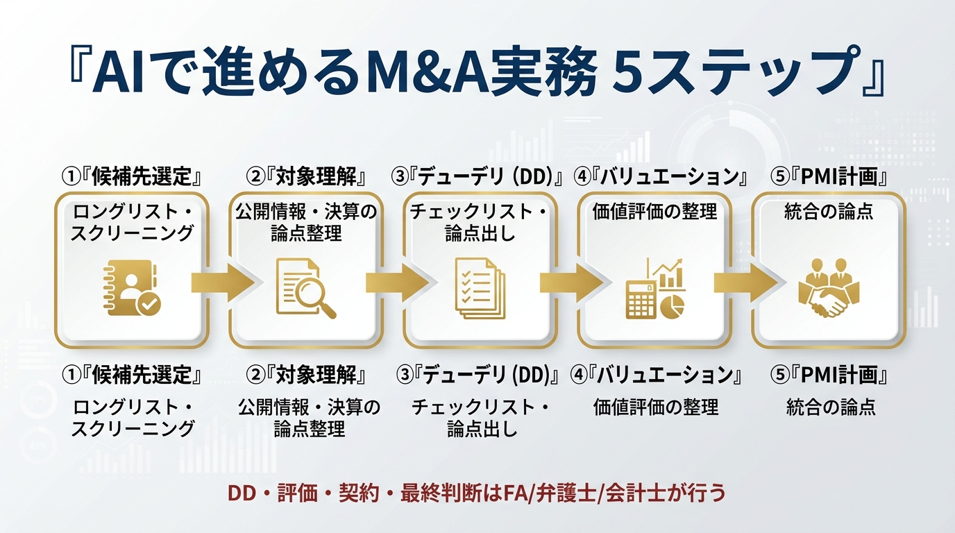 AIで進めるM&A実務の5ステップ。①候補先選定(ロングリスト・スクリーニング)②対象理解(公開情報・決算の論点整理)③デューデリ(チェックリスト・論点出し)④バリュエーション(価値評価の整理)⑤PMI計画(統合の論点)。DD・評価・契約・最終判断はFA/弁護士/会計士が行う。