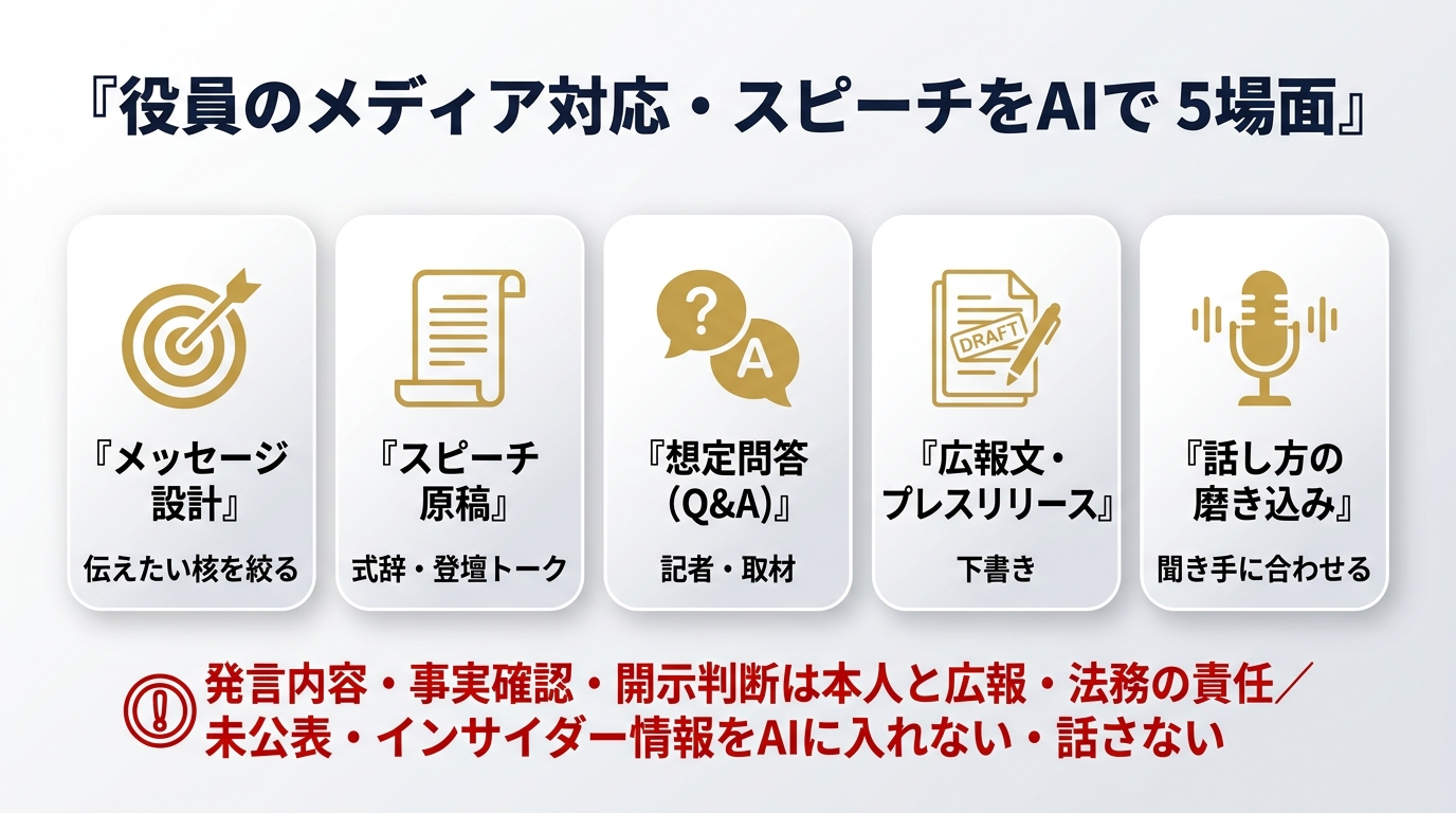 役員のメディア対応・スピーチをAIで進める5場面。①メッセージ設計(伝えたい核を絞る)②スピーチ原稿(式辞・登壇トーク)③想定問答Q&A(記者・取材)④広報文・プレスリリース下書き ⑤話し方の磨き込み。発言内容・事実確認・開示判断は本人と広報・法務の責任、未公表・インサイダー情報をAIに入れない・話さない。