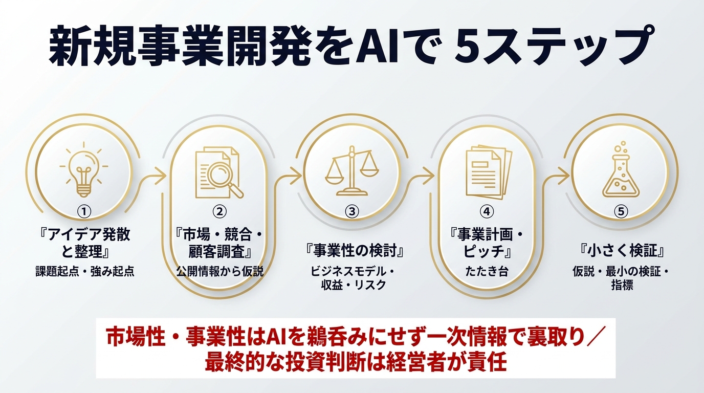 新規事業開発をAIで進める5ステップ。①アイデア発散と整理(課題起点・強み起点)②市場・競合・顧客調査(公開情報から仮説)③事業性の検討(ビジネスモデル・収益・リスク)④事業計画・ピッチ(たたき台)⑤小さく検証(仮説・最小の検証・指標)。市場性・事業性はAIを鵜呑みにせず一次情報で裏取り、最終的な投資判断は経営者が責任。