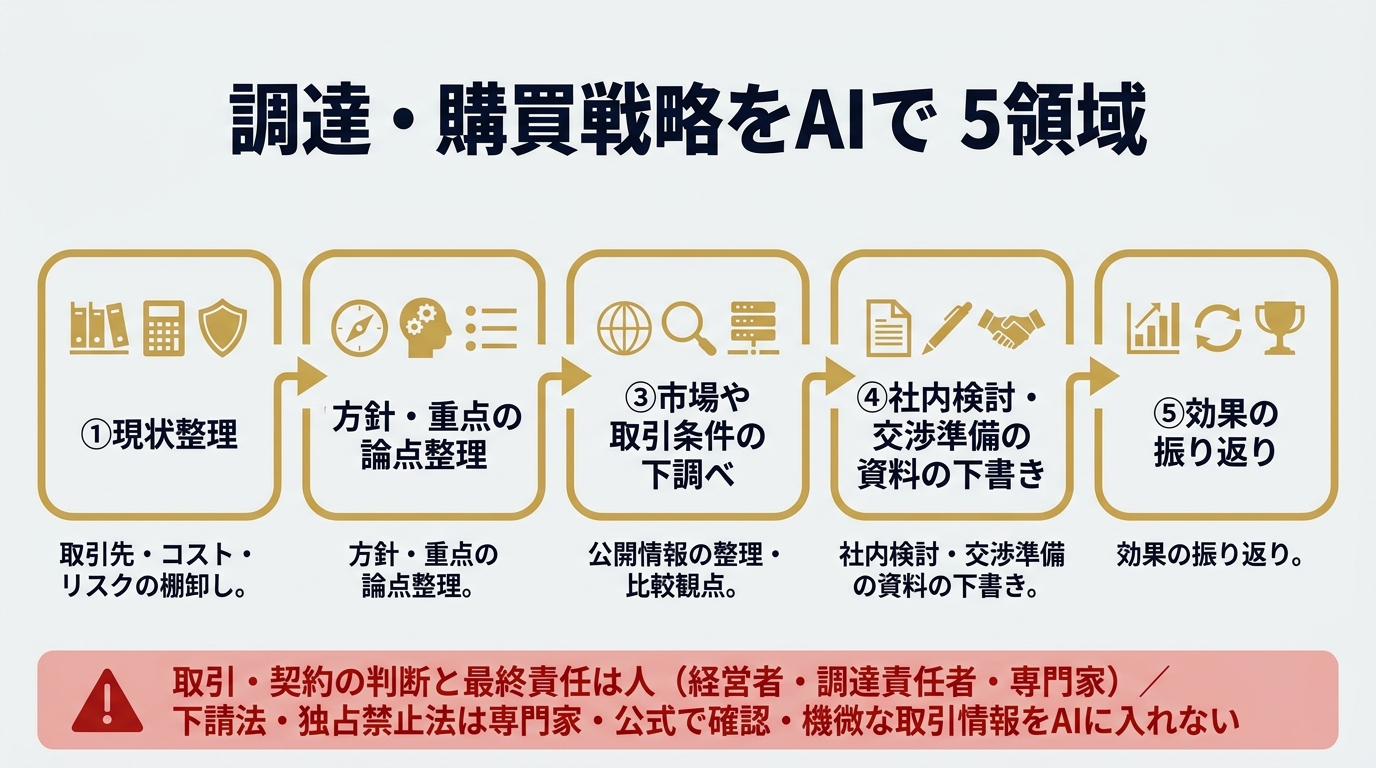 調達・購買戦略をAIで支える5領域。①現状整理（取引先・コスト・リスクの棚卸し）②方針・重点の論点整理 ③市場や取引条件の下調べ（公開情報の整理・比較観点）④社内検討・交渉準備の資料の下書き ⑤効果の振り返り。取引・契約の判断と最終責任は人（経営者・調達責任者・専門家）、下請法・独占禁止法は専門家・公式で確認、機微な取引情報をAIに入れない。