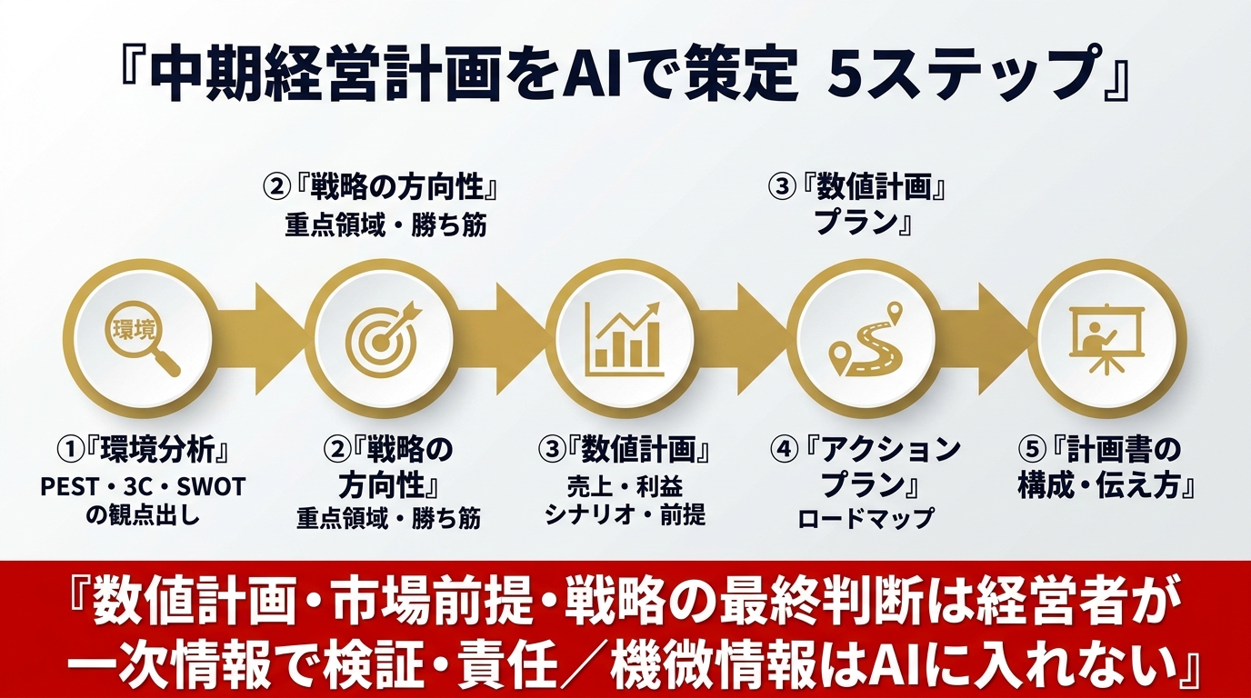 中期経営計画をAIで策定する5ステップ。①環境分析(PEST・3C・SWOTの観点出し)②戦略の方向性(重点領域・勝ち筋)③数値計画(売上・利益シナリオ・前提)④アクションプラン(ロードマップ)⑤計画書の構成・伝え方。数値計画・市場前提・戦略の最終判断は経営者が一次情報で検証・責任、機微情報はAIに入れない。