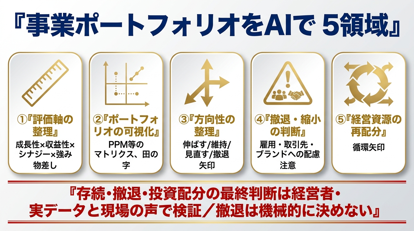 事業ポートフォリオをAIで進める5領域。①評価軸の整理(成長性×収益性×シナジー×強み)②ポートフォリオの可視化(PPM等のマトリクス)③方向性の整理(伸ばす/維持/見直す/撤退)④撤退・縮小の判断(雇用・取引先・ブランドへの配慮)⑤経営資源の再配分。存続・撤退・投資配分の最終判断は経営者・実データと現場の声で検証、撤退は機械的に決めない。