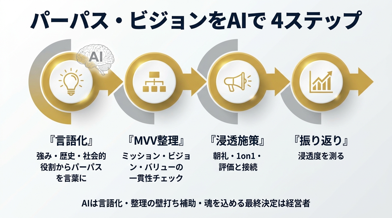 パーパス・ビジョンをAIで進める4ステップ。①言語化(強み・歴史・社会的役割からパーパスを言葉に)②MVV整理(ミッション・ビジョン・バリューの一貫性チェック)③浸透施策(朝礼・1on1・評価と接続)④振り返り(浸透度を測る)。AIは言語化・整理の壁打ち補助で、魂を込める最終決定は経営者。