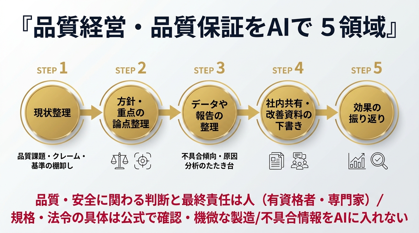 品質経営・品質保証をAIで支える5領域。①現状整理（品質課題・クレーム・基準の棚卸し）②方針・重点の論点整理 ③データや報告の整理（不具合傾向・原因分析のたたき台）④社内共有・改善資料の下書き ⑤効果の振り返り。品質・安全に関わる判断と最終責任は人（有資格者・専門家）、規格・法令の具体は公式で確認・機微な製造/不具合情報をAIに入れない。