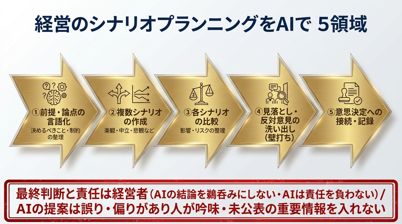 経営のシナリオプランニングをAIで支える5領域。①前提・論点の言語化(決めるべきこと・制約の整理)②複数シナリオの作成(楽観・中立・悲観など)③各シナリオの比較(影響・リスクの整理)④見落とし・反対意見の洗い出し(壁打ち)⑤意思決定への接続・記録。最終判断と責任は経営者(AIの結論を鵜呑みにしない・AIは責任を負わない)、AIの提案は誤り・偏りがあり人が吟味、未公表の重要情報を入れない。