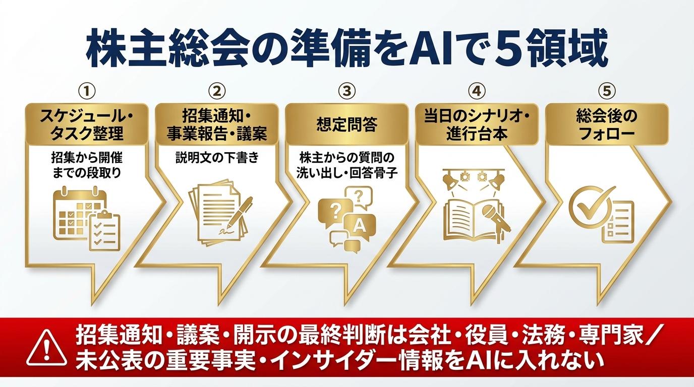 株主総会の準備をAIで進める5領域。①スケジュール・タスク整理（招集から開催までの段取り）②招集通知・事業報告・議案（説明文の下書き）③想定問答（株主からの質問の洗い出し・回答骨子）④当日のシナリオ・進行台本 ⑤総会後のフォロー。招集通知・議案・開示の最終判断は会社・役員・法務・専門家、未公表の重要事実・インサイダー情報をAIに入れない。
