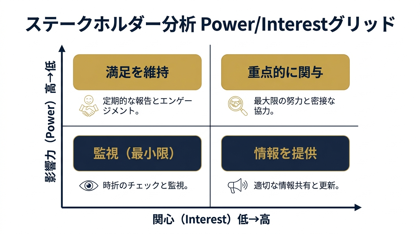 ステークホルダー分析のPower/Interestグリッド。影響力と関心の高低で4象限(重点的に関与/満足を維持/情報を提供/監視)に分類。