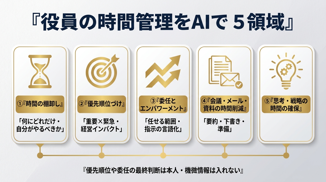 役員の時間管理をAIで進める5領域。①時間の棚卸し(何にどれだけ・自分がやるべきか)②優先順位づけ(重要×緊急・経営インパクト)③委任とエンパワーメント(任せる範囲・指示の言語化)④会議・メール・資料の時間削減(要約・下書き・準備)⑤思考・戦略の時間の確保。優先順位や委任の最終判断は本人、機微情報は入れない。